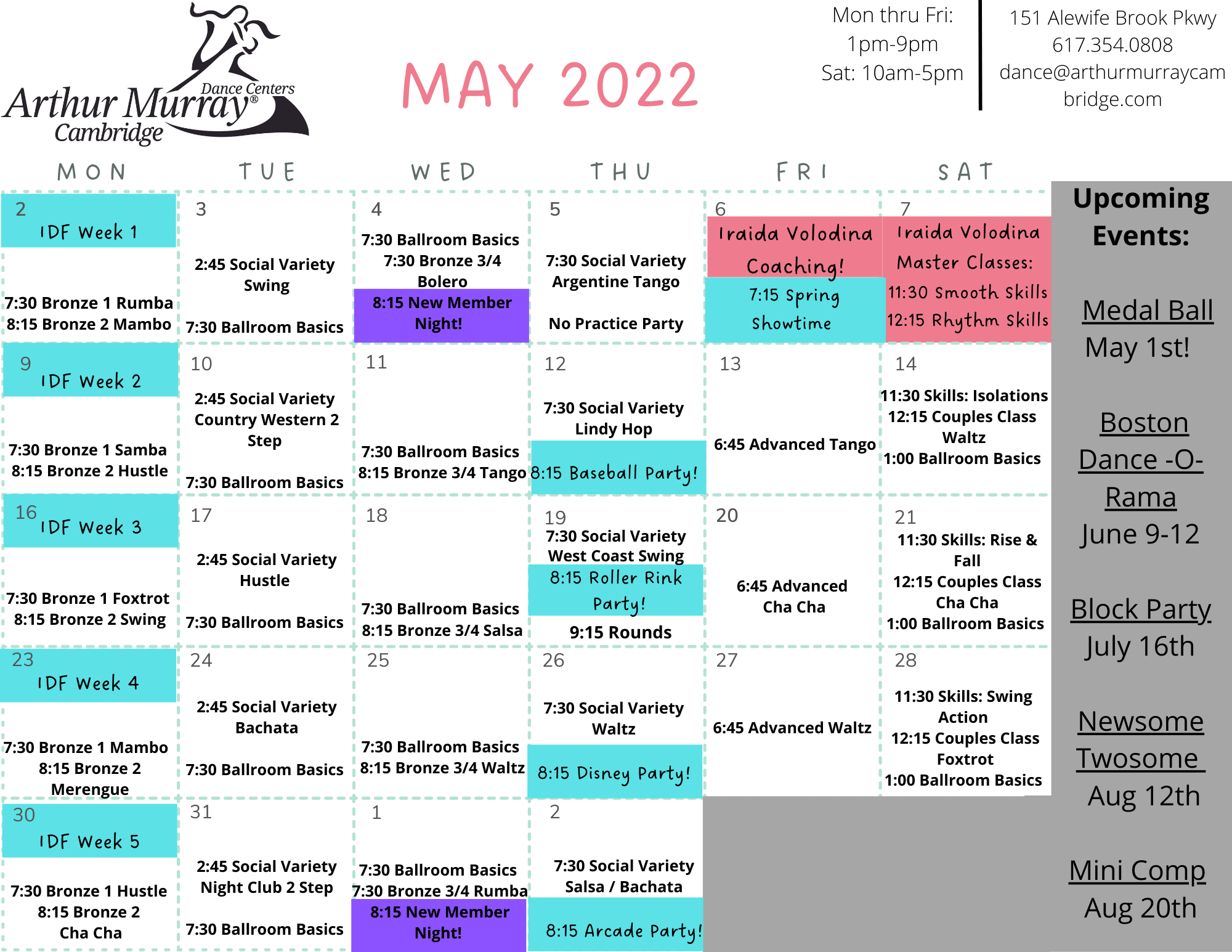 Dance Studio Cambridge May Calendar